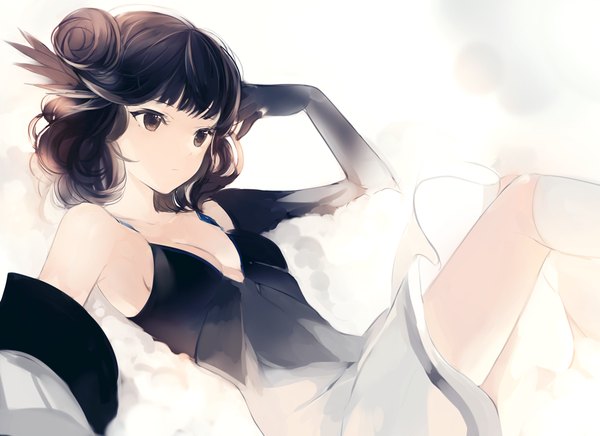 Anime picture 1000x728 with original lpip single long hair fringe breasts light erotic black hair white background brown eyes cleavage bent knee (knees) black eyes armpit (armpits) hair bun (hair buns) wavy hair hand on head reclining expressionless legs up
