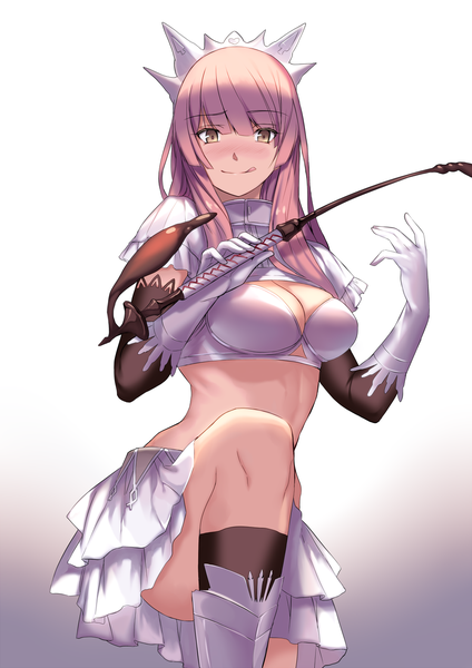 Anime picture 1000x1414 with fate (series) fate/grand order medb (fate) karlwolf single long hair tall image looking at viewer blush fringe breasts light erotic simple background standing holding brown eyes payot pink hair bent knee (knees) blunt bangs