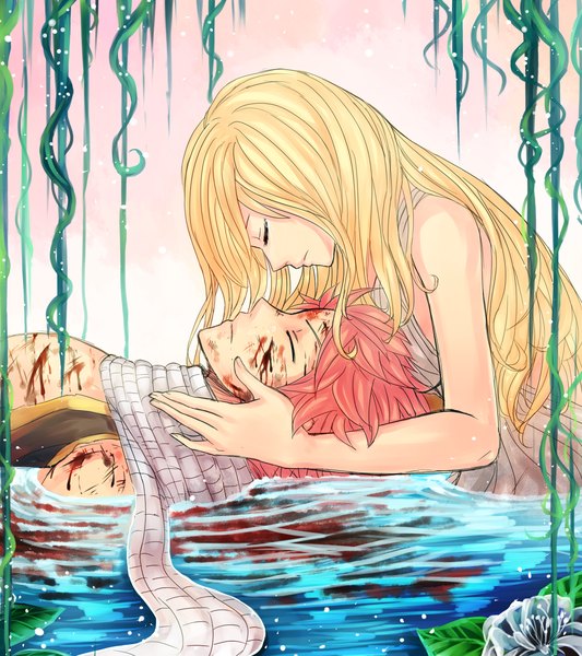 Anime picture 1600x1800 with fairy tail lucy heartfilia natsu dragneel leonstar long hair tall image short hair blonde hair pink hair eyes closed profile couple partially submerged injury cuts girl boy water scarf blood