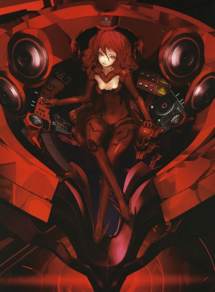 Anime picture 2206x2996 with original redjuice single long hair tall image highres light erotic red eyes sitting cleavage red hair scan crossed legs covered navel girl bodysuit pilot suit amplifier mixing console