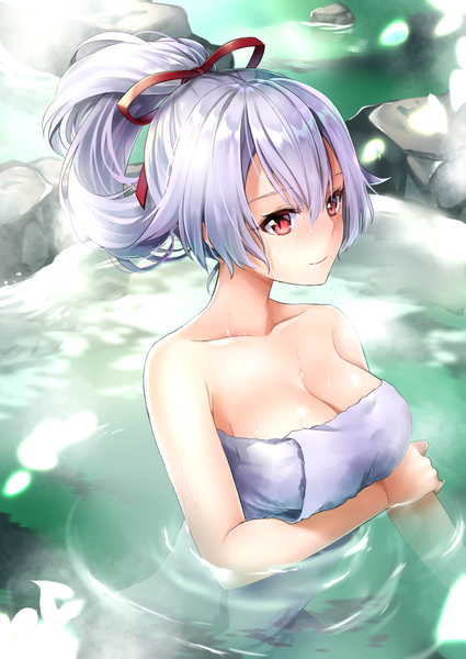 Anime picture 1032x1457 with fate (series) fate/grand order tomoe gozen (fate) hane yuki single tall image blush fringe short hair breasts light erotic smile hair between eyes red eyes looking away cleavage silver hair ponytail wet partially submerged