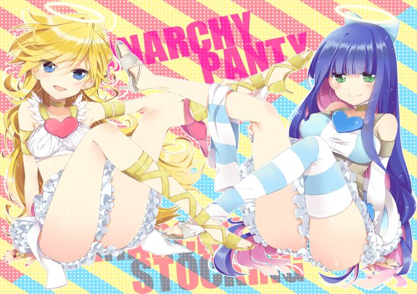 Anime picture 1200x849 with panty & stocking with garterbelt anarchy stocking anarchy panty nimame (artist) long hair blush blue eyes light erotic blonde hair multiple girls green eyes purple hair multicolored hair two-tone hair pantyshot sitting colored inner hair girl thighhighs underwear panties