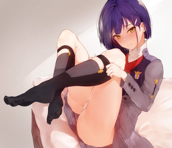 Anime picture 1280x1100 with darling in the franxx studio trigger ichigo (darling in the franxx) hplay (kyoshinou) single looking at viewer blush short hair light erotic sitting yellow eyes purple hair no shoes skindentation dressing girl uniform underwear panties socks