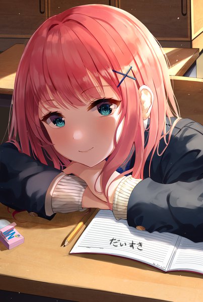 Anime picture 3323x4952 with original kimae single tall image looking at viewer blush fringe highres short hair blue eyes smile sitting pink hair absurdres upper body indoors long sleeves sunlight classroom girl