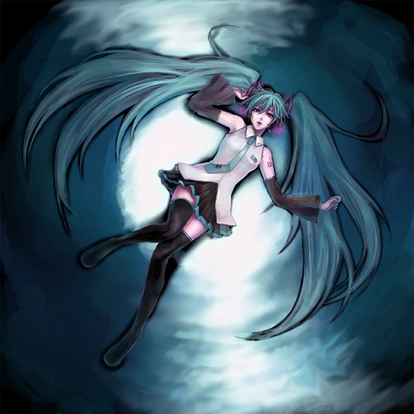 Anime picture 1000x1000 with vocaloid hatsune miku joka (night gate) single long hair looking at viewer twintails bare shoulders lying aqua eyes aqua hair girl detached sleeves necktie thigh boots