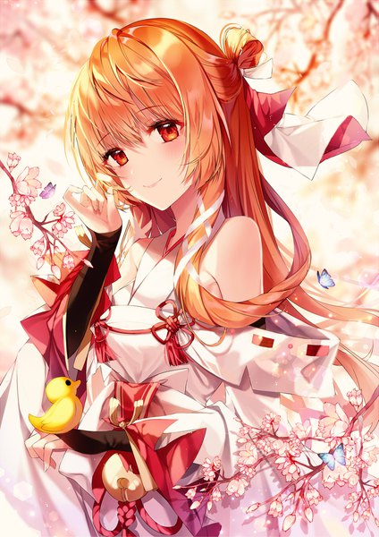 Anime picture 1653x2338 with code: dragon blood uesugi erii taya oco single long hair tall image looking at viewer blush fringe smile hair between eyes standing bare shoulders payot upper body outdoors traditional clothes head tilt japanese clothes wind