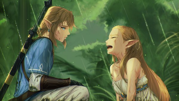 Anime picture 4000x2250 with the legend of zelda the legend of zelda: breath of the wild nintendo princess zelda link blueorca long hair highres short hair open mouth blue eyes blonde hair wide image bare shoulders absurdres outdoors profile pointy ears wet rain