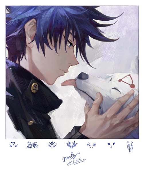 Anime picture 4328x5170 with jujutsu kaisen mappa fushiguro megumi deacon yuan single tall image highres short hair blue eyes signed blue hair absurdres border dated expressionless boy animal dog