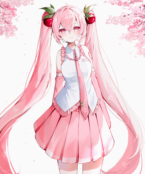 Anime picture 1525x1827 with vocaloid hatsune miku sakura miku nirako mona single tall image looking at viewer fringe hair between eyes standing twintails pink hair very long hair pleated skirt pink eyes light smile cherry blossoms girl skirt flower (flowers)