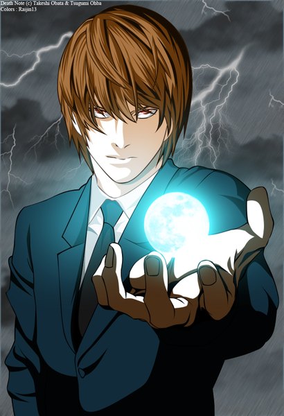 Anime picture 1024x1498 with death note madhouse yagami light raijin13 single tall image looking at viewer short hair red eyes brown hair sky cloud (clouds) coloring magic light lightning boy necktie moon suit