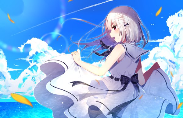 Anime picture 2698x1746 with original mafuyu (chibi21) single long hair blush fringe highres open mouth red eyes standing looking away sky silver hair cloud (clouds) outdoors braid (braids) profile wind sleeveless lens flare