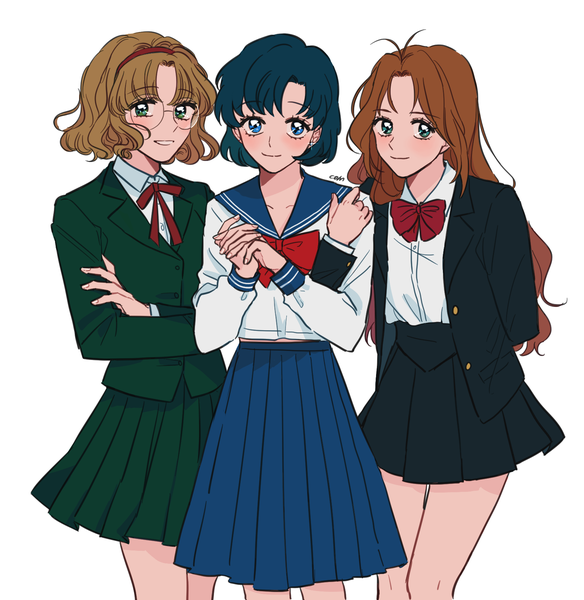 Anime picture 1626x1670 with bishoujo senshi sailor moon magic knight rayearth wedding peach toei animation clamp mizuno ami hououji fuu tanima yuri com (com0107) long hair tall image looking at viewer blush short hair blue eyes simple background blonde hair smile brown hair standing