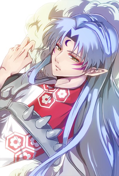 Anime picture 574x850 with inuyasha sesshomaru kanami (artist) single long hair tall image yellow eyes looking away silver hair upper body from above pointy ears facial mark forehead mark boy armor fur