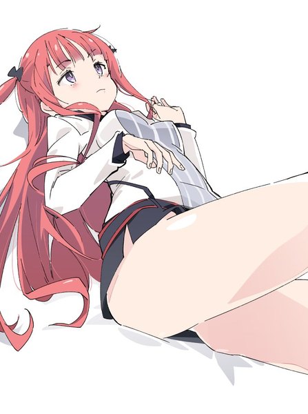 Anime picture 687x921 with summon night summon night 5 arca (summon night) ixy single long hair tall image blush fringe light erotic simple background white background sitting purple eyes red hair blunt bangs long sleeves two side up looking up girl