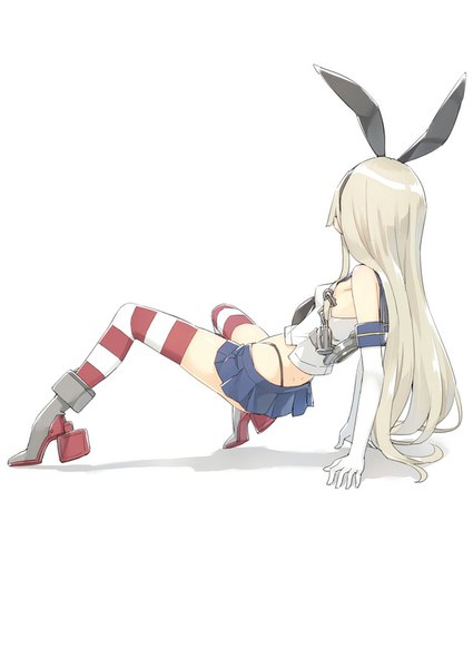 Anime picture 637x900 with kantai collection shimakaze destroyer peko single long hair tall image light erotic simple background white background looking away silver hair arm support shadow girl thighhighs skirt gloves bow hair bow miniskirt