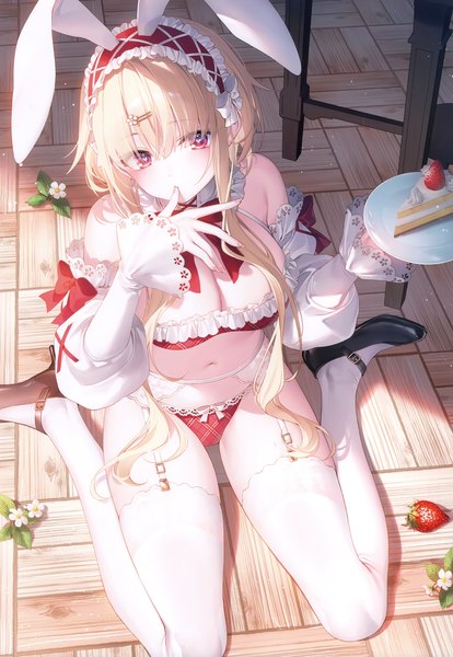 Anime picture 2405x3485 with original toosaka asagi single long hair tall image fringe highres breasts light erotic blonde hair hair between eyes red eyes large breasts sitting bare shoulders animal ears indoors from above scan high heels