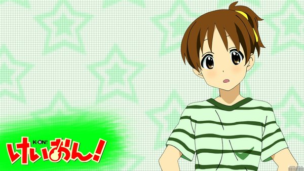 Anime picture 1920x1080 with k-on! kyoto animation hirasawa ui single highres simple background brown hair wide image brown eyes side ponytail striped girl t-shirt