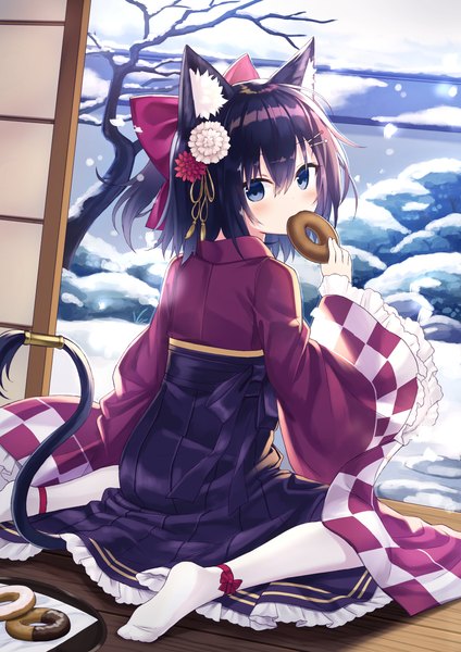 Anime picture 2893x4092 with original kuroneko-chan (satou) satou (3366 s) single tall image looking at viewer fringe highres short hair blue eyes black hair hair between eyes sitting animal ears tail traditional clothes japanese clothes animal tail pleated skirt looking back
