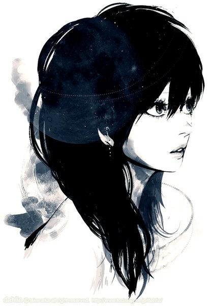 Anime picture 600x851 with original takenaka single long hair tall image fringe open mouth black hair looking away parted lips profile monochrome portrait close-up girl earrings