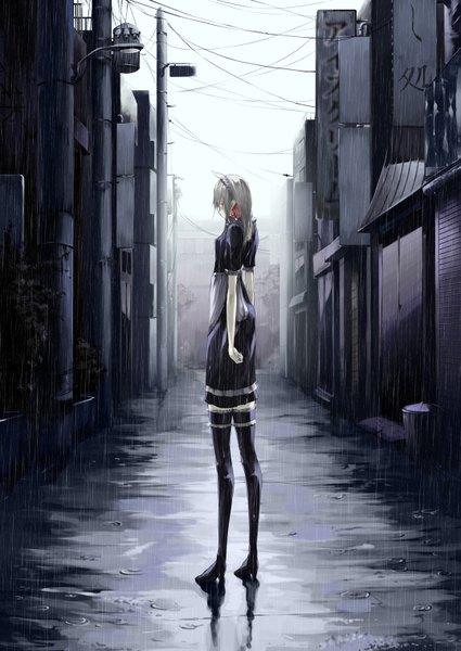Anime picture 1075x1518 with original solru (tyappygain) single long hair tall image red eyes silver hair looking back maid rain girl thighhighs dress black thighhighs headdress maid headdress