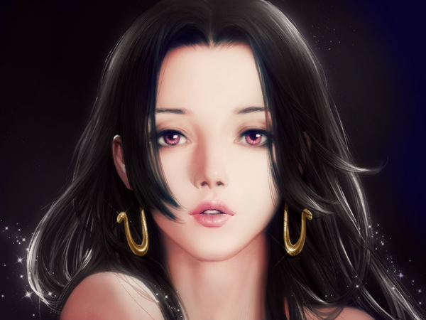 Anime-Bild 1000x750 mit one piece toei animation boa hancock shitsu soku k killer4fx single long hair looking at viewer black hair simple background bare shoulders payot parted lips pink eyes lips realistic sparkle coloring black background portrait