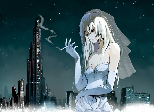 Anime picture 1242x905 with original justminor single long hair blue eyes blonde hair bare shoulders night night sky city smoke girl dress gloves elbow gloves building (buildings) star (stars) wedding dress cigarette