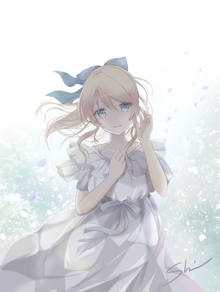 Anime picture 668x885 with love live! school idol project sunrise (studio) love live! ayase eli shino (shinderera) single long hair tall image looking at viewer blue eyes blonde hair standing signed ponytail head tilt light smile wind girl dress bow