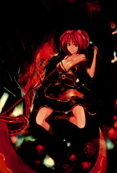 Anime picture 2058x3034 with touhou onozuka komachi virus (obsession) tall image highres short hair breasts light erotic smile red eyes twintails red hair dark background girl scythe