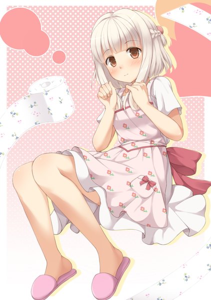 Anime picture 1257x1786 with hidamari sketch shaft (studio) nazuna yosshii (ropichan2) single tall image looking at viewer blush fringe short hair red eyes white hair blunt bangs half updo girl dress shoes slippers