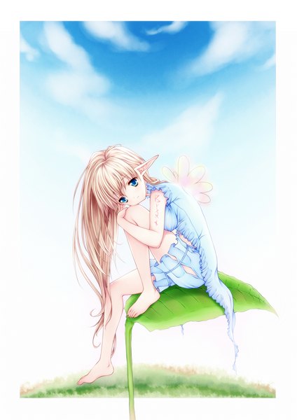 Anime picture 1240x1754 with original rayn single long hair tall image looking at viewer blue eyes blonde hair sitting sky cloud (clouds) barefoot pointy ears bare legs girl leaf (leaves)
