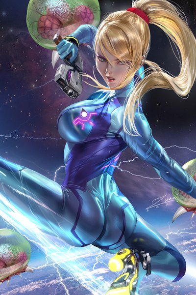 Anime picture 2339x3508 with metroid samus aran metroid (creature) zumi (zumidraws) single long hair tall image looking at viewer blush fringe highres breasts open mouth light erotic blonde hair hair between eyes large breasts holding green eyes signed