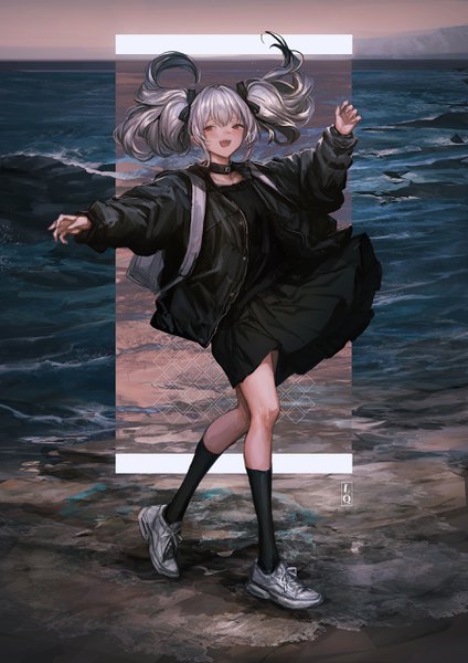 Anime-Bild 1800x2546 mit original lm7 (op-center) single long hair tall image fringe highres open mouth smile hair between eyes red eyes twintails payot looking away full body outdoors :d wind grey hair open jacket