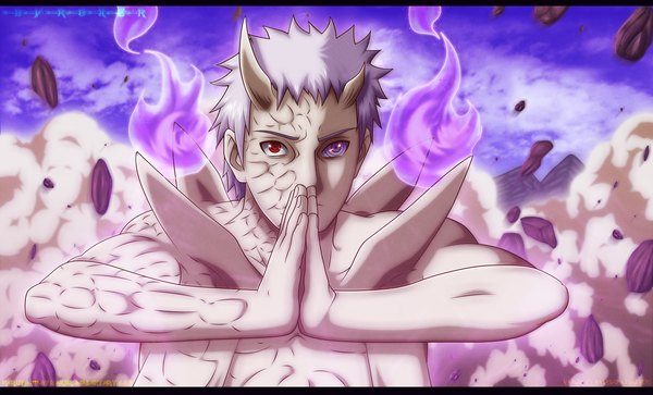 Anime picture 2500x1516 with naruto studio pierrot naruto (series) uchiha obito tobi naruto999-by-roker single highres short hair red eyes wide image purple eyes sky silver hair cloud (clouds) horn (horns) heterochromia coloring magic muscle