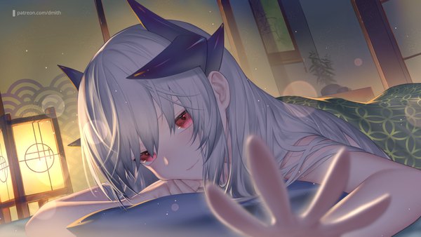 Anime picture 1280x720 with fate (series) fate/grand order kiyohime (fate) dmith (baguscasbon) single long hair looking at viewer blush fringe light erotic smile hair between eyes red eyes wide image payot silver hair upper body indoors lying head tilt