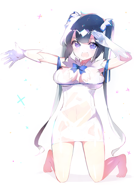 Anime picture 650x900 with dungeon ni deai wo motomeru no wa machigatteiru darou ka j.c. staff hestia (danmachi) atsumi jun single long hair tall image fringe breasts open mouth light erotic black hair simple background large breasts white background twintails purple eyes barefoot kneeling outstretched arm