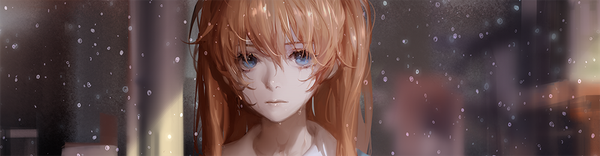 Anime picture 1000x261 with neon genesis evangelion gainax soryu asuka langley ask (askzy) single long hair looking at viewer fringe blue eyes wide image orange hair wet rain face girl water drop
