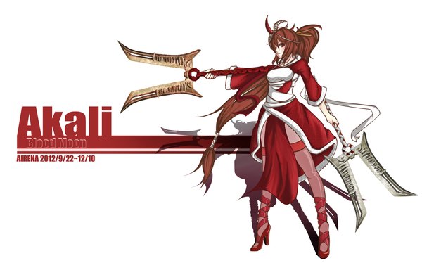 Anime picture 4724x2952 with league of legends akali (league of legends) airena single looking at viewer highres breasts simple background brown hair wide image standing white background brown eyes absurdres ponytail very long hair horn (horns) shadow high heels character names