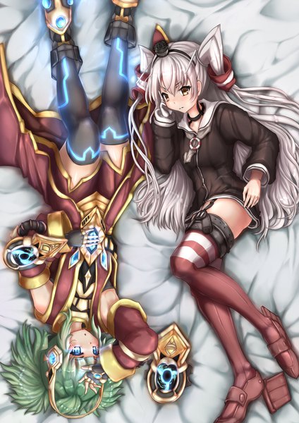 Anime picture 1654x2339 with kantai collection starcraft blizzard entertainment amatsukaze destroyer karax wakaura asaho long hair tall image looking at viewer blue eyes multiple girls brown eyes silver hair lying green hair on back two side up glowing glowing eye (eyes) crossover