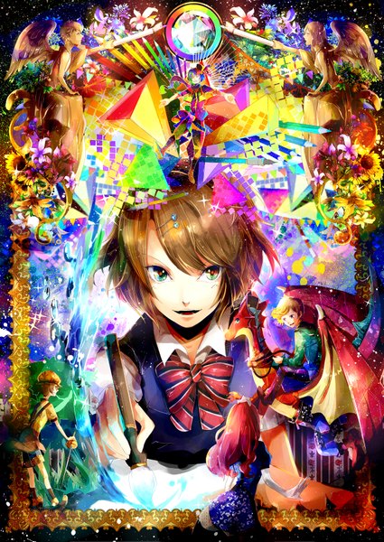 Anime picture 2507x3541 with original alyssa tall image highres short hair open mouth blue eyes smile brown hair standing sitting green eyes red hair profile from behind multiple boys spread arms group angel wings multicolored eyes
