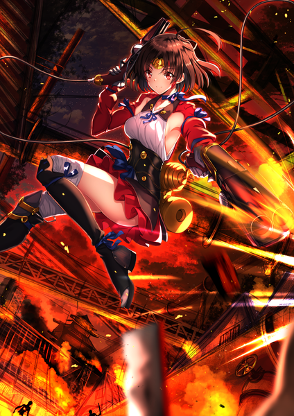 Anime picture 1696x2400 with koutetsujou no kabaneri wit studio mumei (kabaneri) swordsouls tall image looking at viewer blush fringe short hair smile red eyes brown hair ahoge bent knee (knees) ass arm up night from below armpit (armpits) dutch angle