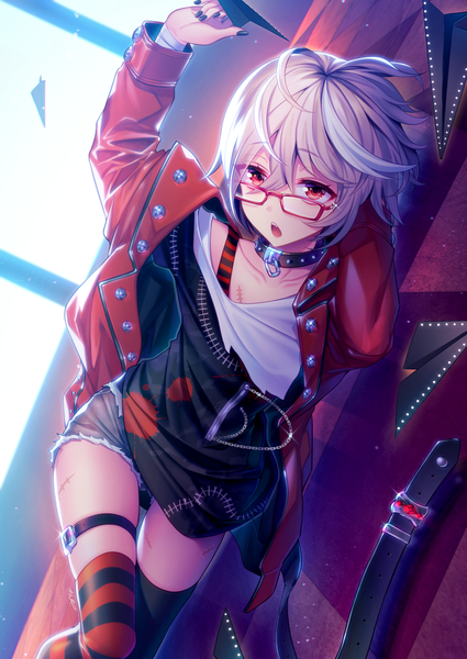 Anime picture 1003x1416 with original milcho single tall image looking at viewer fringe short hair open mouth hair between eyes red eyes holding silver hair lying nail polish arm up fingernails open jacket teeth sparkle fang (fangs)