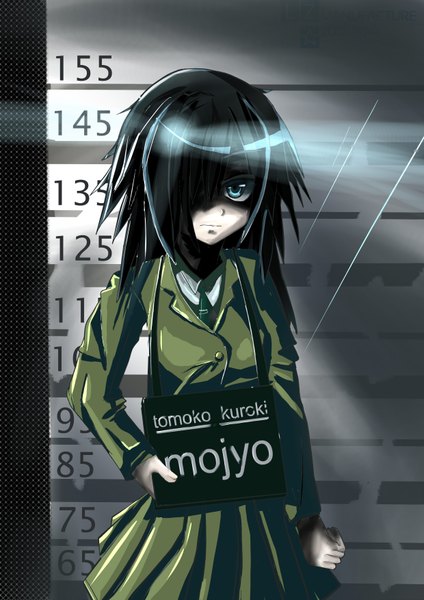 Anime picture 2480x3507 with watashi ga motenai no wa dou kangaetemo omaera ga warui! silver link kuroki tomoko stargazer (pixiv) single long hair tall image looking at viewer highres black hair aqua eyes inscription girl uniform school uniform necktie ruler