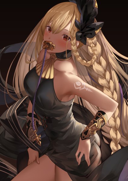 Anime picture 707x1000 with granblue fantasy helel ben shalem suzuame yatsumi single tall image looking at viewer blush fringe simple background blonde hair hair between eyes red eyes bare shoulders braid (braids) very long hair armpit (armpits) tattoo hand on hip dark skin black background