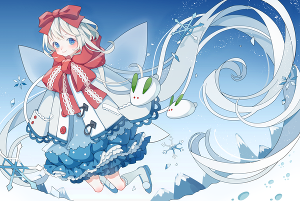 Anime picture 5042x3377 with original shiraho (color-56) single highres blue eyes smile absurdres full body white hair very long hair mountain girl bow hair bow wings socks scarf white socks snowflake (snowflakes) red scarf