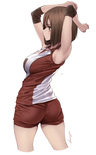 Anime picture 2842x4579 with original koh (minagi kou) single tall image fringe highres short hair breasts light erotic simple background brown hair standing white background brown eyes signed looking away ass profile arms up armpit (armpits)