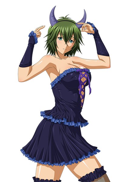 Anime picture 600x832 with ikkitousen kyocho chuukou single tall image looking at viewer short hair breasts blue eyes light erotic simple background white background horn (horns) green hair girl dress frills