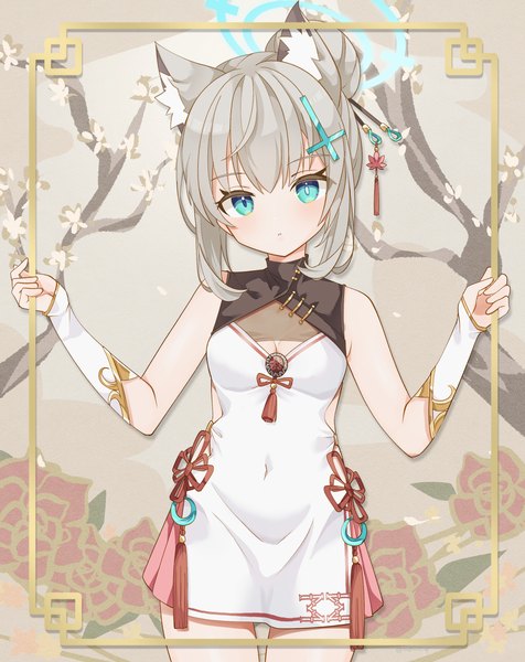 Anime picture 2380x3000 with blue archive mahjong soul shiroko (blue archive) shiroko (flowery charms) (blue archive) saekiya sabou single tall image looking at viewer highres short hair standing animal ears traditional clothes aqua eyes grey hair hair bun (hair buns) sleeveless official alternate costume covered navel chinese clothes