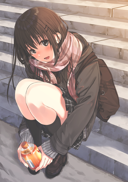 Anime picture 1191x1684 with original kukiha single long hair tall image looking at viewer blush fringe open mouth smile hair between eyes brown hair sitting holding bent knee (knees) outdoors long sleeves head tilt :d pleated skirt
