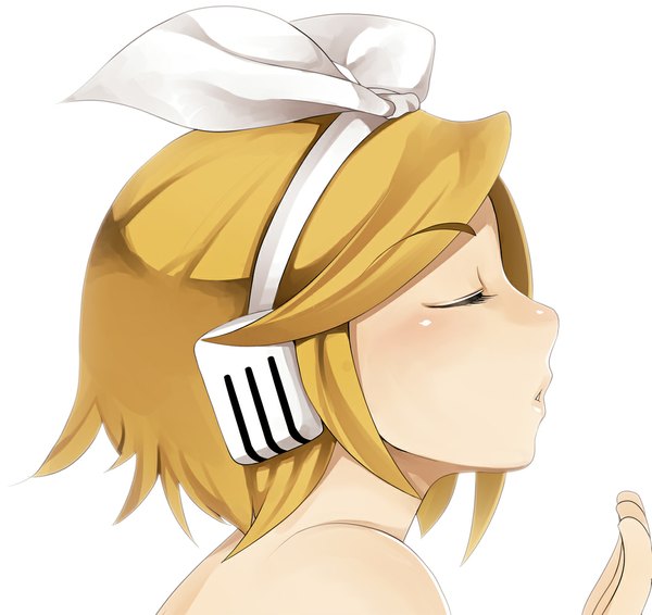 Anime picture 1059x1000 with vocaloid kagamine rin kosame daizu single blush short hair open mouth simple background blonde hair white background bare shoulders eyes closed profile girl bow hair bow headphones