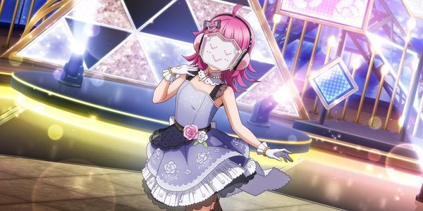 Anime picture 3600x1800 with love live! nijigasaki high school idol club sunrise (studio) love live! tennouji rina single highres short hair wide image standing pink hair ahoge official art sleeveless lens flare light covering covering face girl skirt gloves